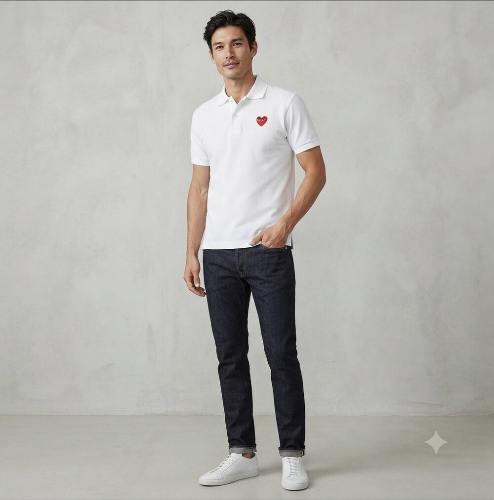 Comme des Garçons PLAY Men's Medium White Pique Red Heart Logo Polo Shirt